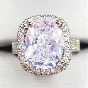 Cushion Cut White Diamond Simulants Silver Tone Pave Halo Engagement Ring